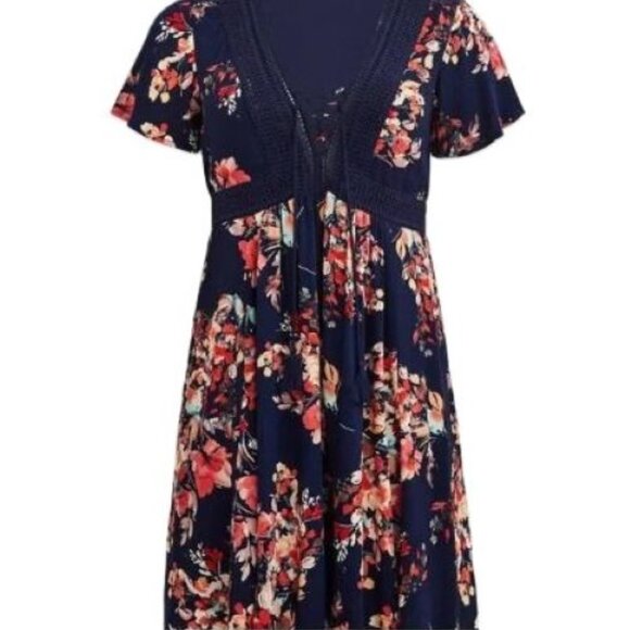 Torrid NEW 2 2X Navy Blue Coral Floral Skater Dress Gauze Short Sleeve V Neck - Picture 4 of 16